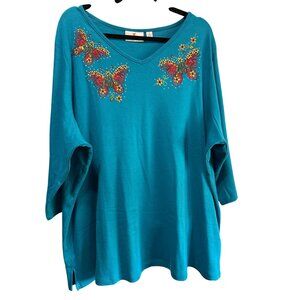 Quacker Factory Womens 3X Teal Embroidered Butterfly Top Sequins Rhinestones